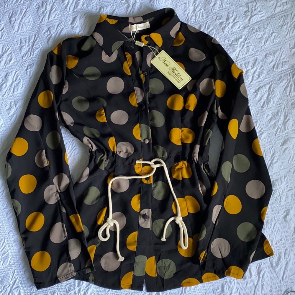 Button up long Sleeve Polka Dots Belted Blouse